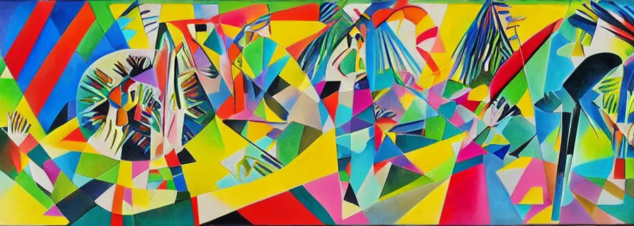 Image similar to party in jungles, girls with a slim figure in carnival skirts and guys in polygonal print shorts dance to the sound of ethnic drums, author zima blue, very elongated lines, wasily kandinsky, malevich, surrelialism, color splashes, grain