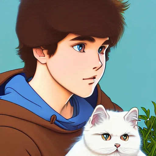 Image similar to teen boy with brown hair and big blue eyes, wearing a hoodie, fluffy white persian cat, natural lighting, path traced, highly detailed, high quality, cartoon, digital painting, by don bluth and ross tran and studio ghibli and alphonse mucha