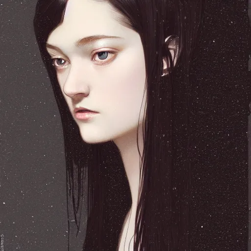 Prompt: portrait of a german teenage girl with glossy black hair, glowing skin, delicate features, gemma ward, stoya, fantasy, intricate, elegant, dress shirt, highly detailed, digital painting, artstation, concept art, smooth, sharp focus, illustration, art by Krenz Cushart and Artem Demura and alphonse mucha