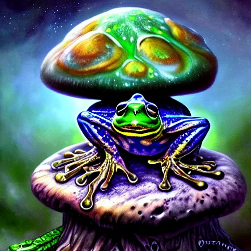 Prompt: cosmic horror frog sitting on mushroom, full body, hyper realistic, extremely detailed, dnd character art portrait, dark fantasy art, intricate fantasy painting, dramatic lighting, vivid colors, deviantart, artstation, by h. r. giger