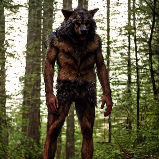 Image similar to human wolf werecreature, wolf torso, photograph captured at woodland creek