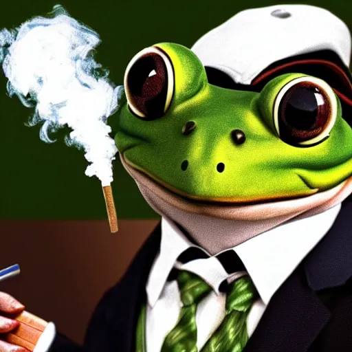 Image similar to a high detail closeup shot of a frog wearing a suit 👔,and smoking a cigarrette🚬