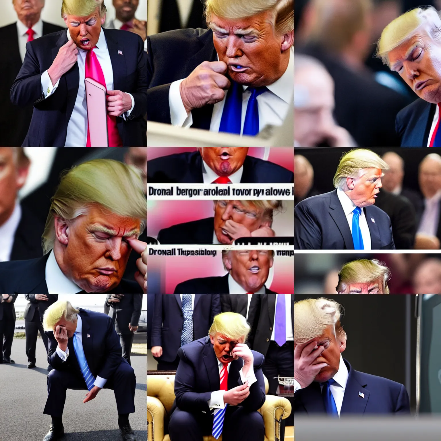 Prompt: Donald Trump crying because he dropped his phone
