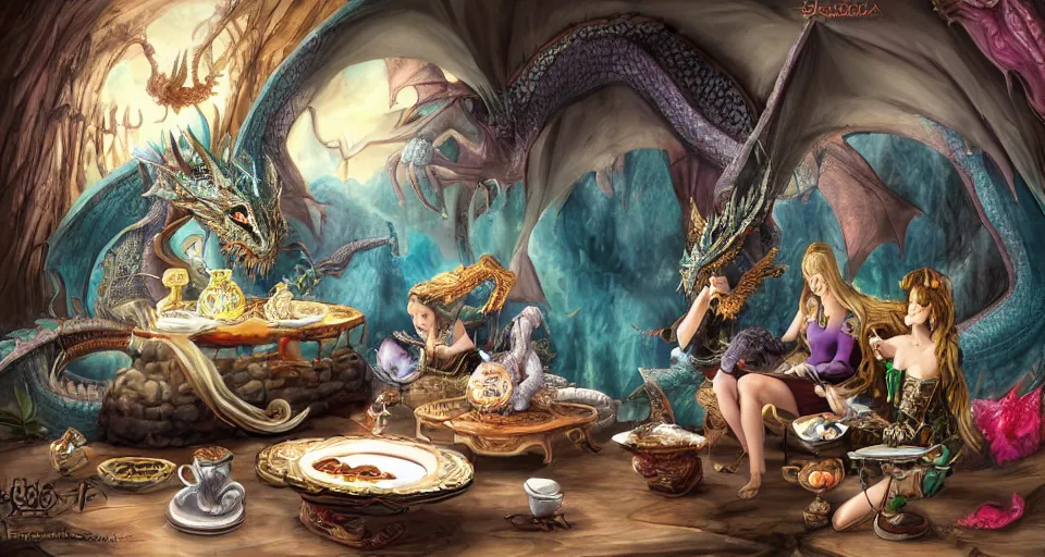 Image similar to A huge dragon having tea with his captive princess in his treasure-laden lair, digital art, detailed