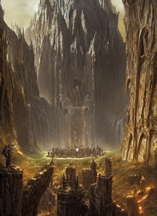 Prompt: six medieval adventurers in the shire scenery landscape, lord of the rings, inside an enormous alien cathedral, highly detailed, perfect lighting, perfect composition, 4 k, artgerm, derek zabrocki, greg rutkowski