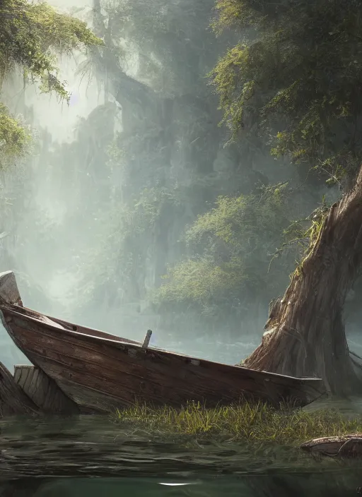 Prompt: painting of a boat in a swamp, a detailed matte painting by senior environment artist, cgsociety contest winner, fantasy art, concept art, matte painting, cryengine