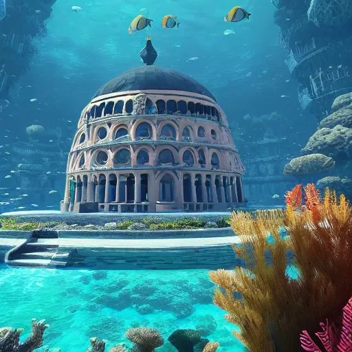 Image similar to a beautiful first person perspective digital illustration of a domed underwater palace near a coral reef teeming with life by beeple | Byzantine architecture | tropical fish | cinematic | unreal engine | octane | photorealistic |