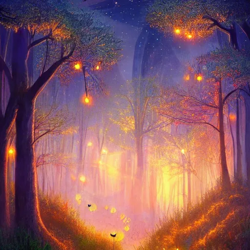 Image similar to an enchanted forest full of fireflies, night, warm light, fantasy art