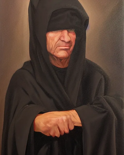 Prompt: oil painting portrait of a man in dark robes, hooded, made by greg rukowtski, fantasy, moodly