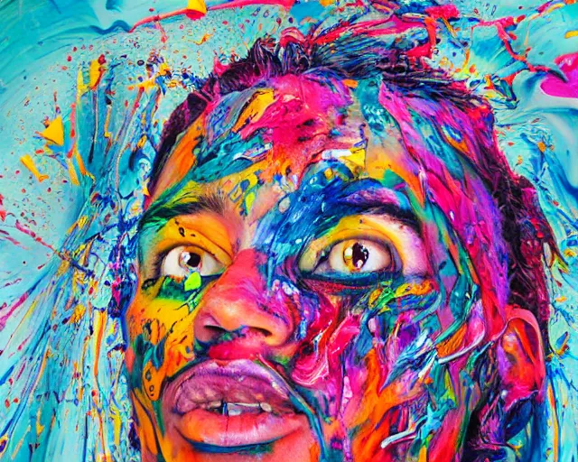 Image similar to abstract expressionist portrait of a head showing strong negative emotions painted with very thick impasto paint and acrylic pour and coloured powder explosion and splashing paint and dripping paint and flying paint chunks, motion blur, hyperrealistic, intricate art photography, anatomically correct, realistic crisp textures, 1 6 k