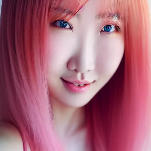 Image similar to beautiful hyperrealism selfie of nikki 苏 暖 暖 from shining nikki, a cute 3 d young woman smiling softly, long light pink hair and full bangs, flushed face, red blush, small heart - shaped face, soft features, amber eyes, chinese heritage, golden hour, 8 k, sharp focus, instagram