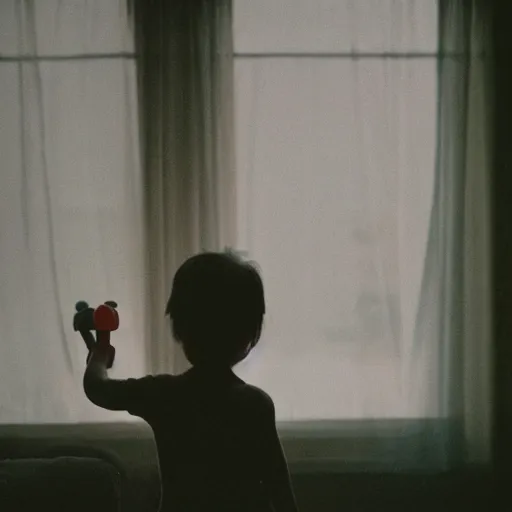 Image similar to a woman from behind, eye-level shot, in a dimly lit room, looking at her child playing with toys, the scene is lit by a small window to the right of the woman, cinestill 800t, dark atmosphere