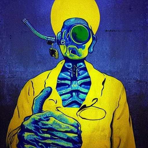 Prompt: radiation eats a real ukrainian and ugly dwarfs alive wild pain and desperate selfies, all dressed and painted in dirty yellow - blue colors against the backdrop of a huge nuclear explosion from which the skin has already burned to the bone