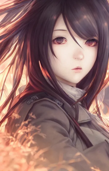 Image similar to infantry girl, anime style, long hair, hair down, symmetrical facial features, from girls frontline, hyper realistic, pale skin, 4 k, rule of thirds, extreme detail, detailed drawing, trending artstation, hd, war action, trading card, by alphonse mucha, greg rutkowski, sharp focus, backlit, gunfire