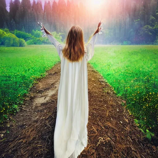 Prompt: The radiant lady Galadriel walking in a beautiful field in a forest, mountains in the distance, medium shot, confident, gorgeous, stunning, detailed, very realistic