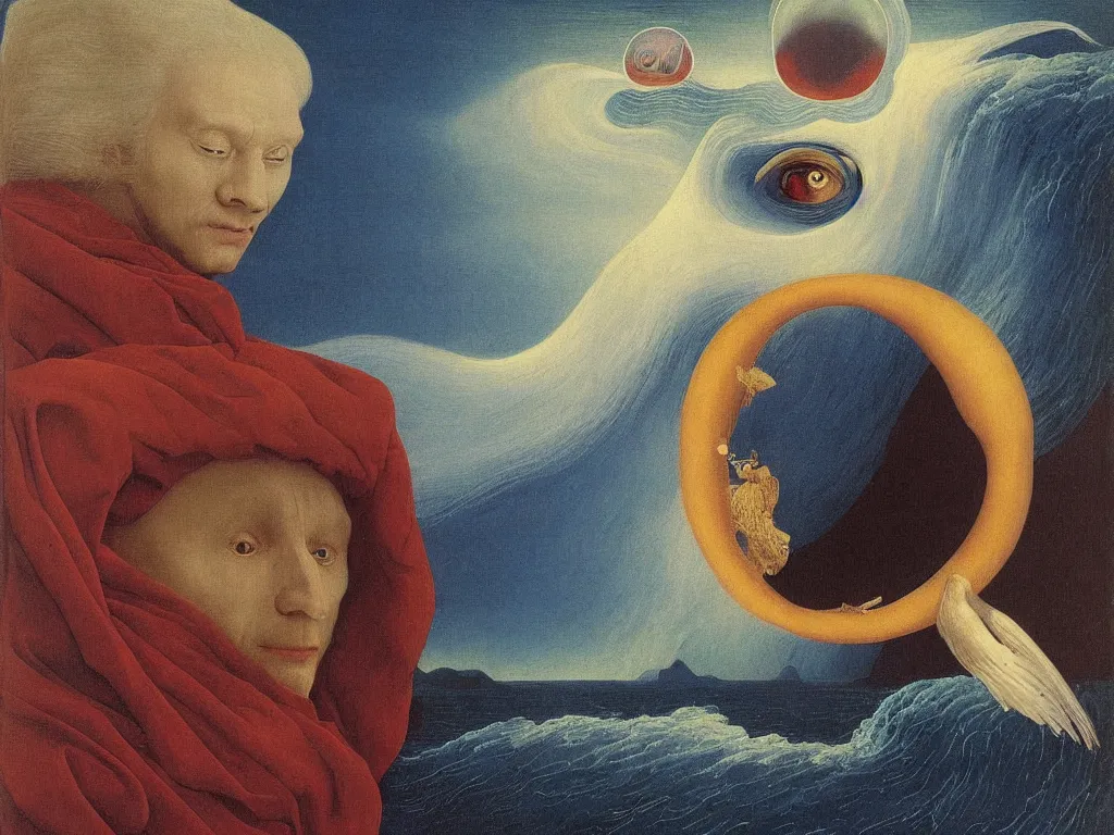 Image similar to Portrait of albino mystic with blue eyes, with landscape with tsunami, giant wave at night. Painting by Jan van Eyck, Audubon, Rene Magritte, Agnes Pelton, Max Ernst, Walton Ford