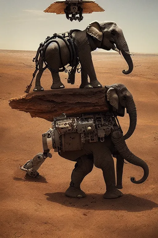 Image similar to 🐘 as 🤖 as 👽 as 🐳, desert, detailed photography, by greg rutkowski and edgar maxence