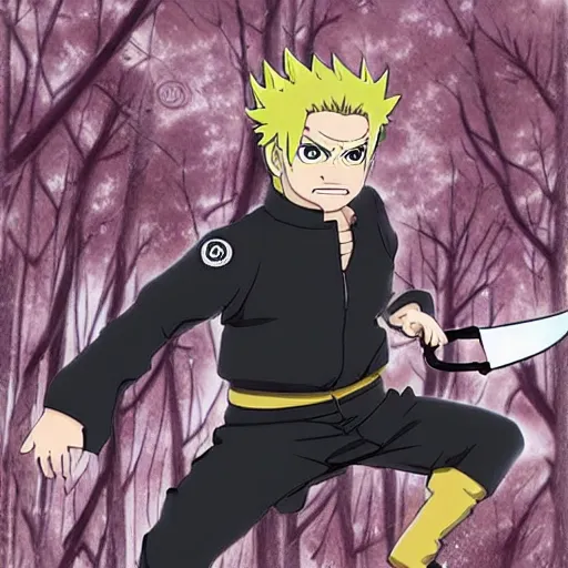 Image similar to gordon ramsey in naruto, ninja outfit, forest, anime style