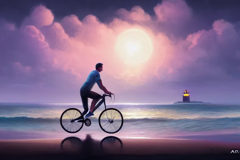 Image similar to photo of man riding a bicycle along the beach that is lit by glowing organisms underwater toward a lighthouse in the distance, wide horizon, large white clouds, intricate, elegant, highly detailed, digital painting, artstation, concept art, smooth, sharp focus, illustration, art by artgerm and greg rutkowski and fra angelico