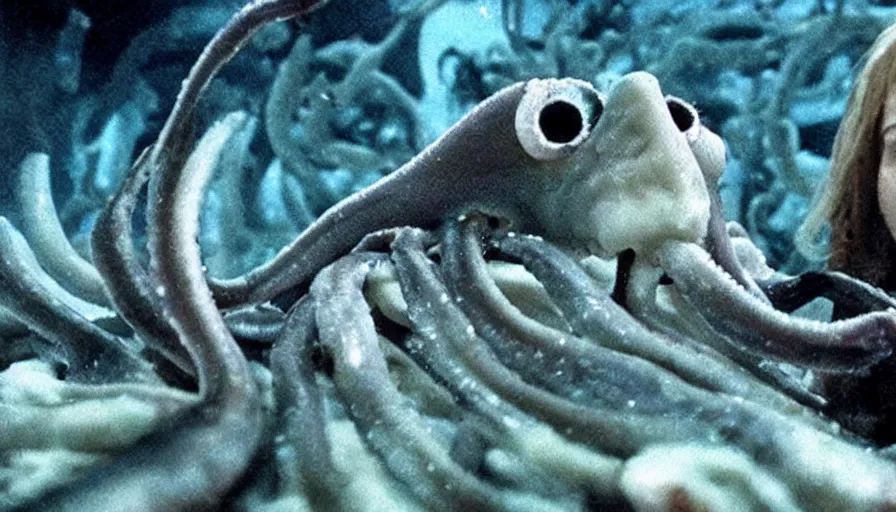 Prompt: Big budget horror movie, scientist looks at squid