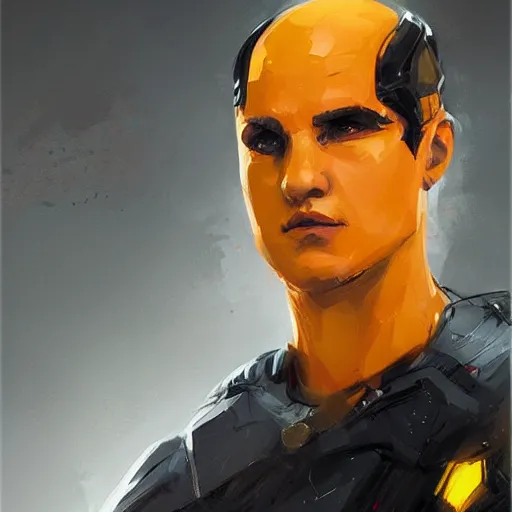 Image similar to portrait of a superhero by greg rutkowski, he looks like miles teller, he is wearing a black, orange and yellow kevlar gear, highly detailed portrait, digital painting, artstation, concept art, smooth, sharp foccus ilustration, artstation hq