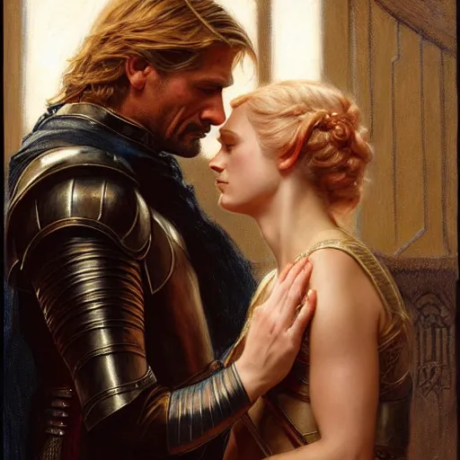 Image similar to attractive fully clothed jaime lannister confesses his love for his attractive fully clothed brienne of tarth. highly detailed painting by gaston bussiere and j. c. leyendecker 8 k