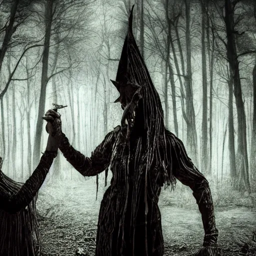 Image similar to evil witches dancing in the woods ultra high detail Silent Hill style, lonely vibe, silent hill vibe, high detail, hyperrealistic, photorealistic, octante render, cinematic, high textures, hyper sharp, 4k insanely detailed and intricate, hypermaximalist, hyper realistic, super detailed, 4k HDR hyper realistic high quality foggy,haunted, dark, creepy, Silent Hill style, lonely vibe, silent hill vibe