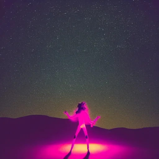 Image similar to a photo of a silhouette of a person in a color lit desert at night