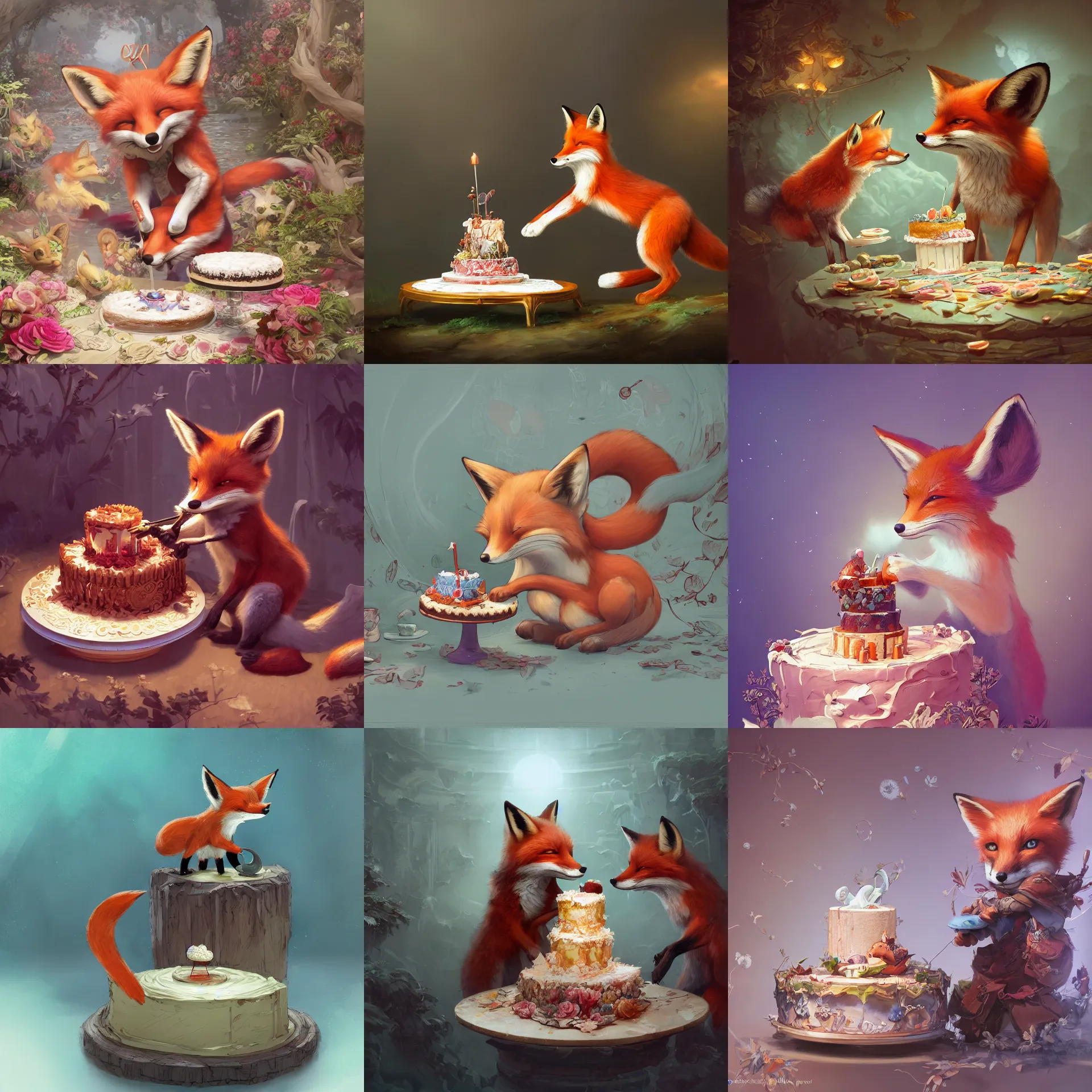 Prompt: a fox steal a cake in the style of Jin Kagetsu, James Jean and wlop, highly detailed, masterpiece, award-winning, sharp focus, intricate concept art, digital painting, ambient lighting, 4k, artstation, RTX 3090, RTX on, max setting by Rachel Ruysch and Thomas Cole, natural light