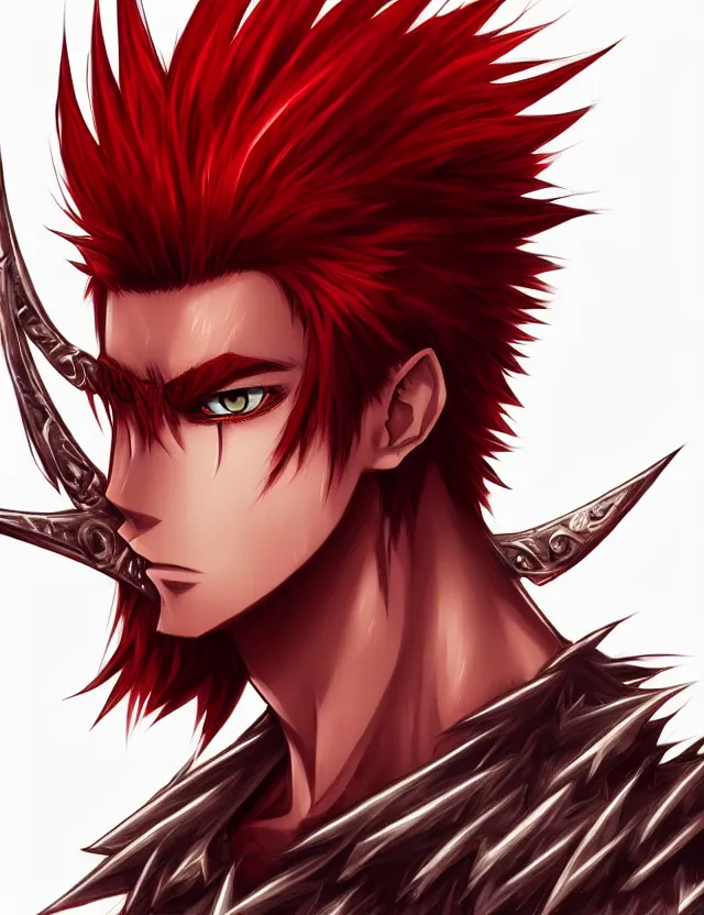 Image similar to a detailed manga portrait of a handsome tall man with spiked crimson hair in fiery crimson crystalline armour, trending on artstation, digital art, 4 k resolution, detailed, high quality, sharp focus, hq artwork, coherent, insane detail, character portrait