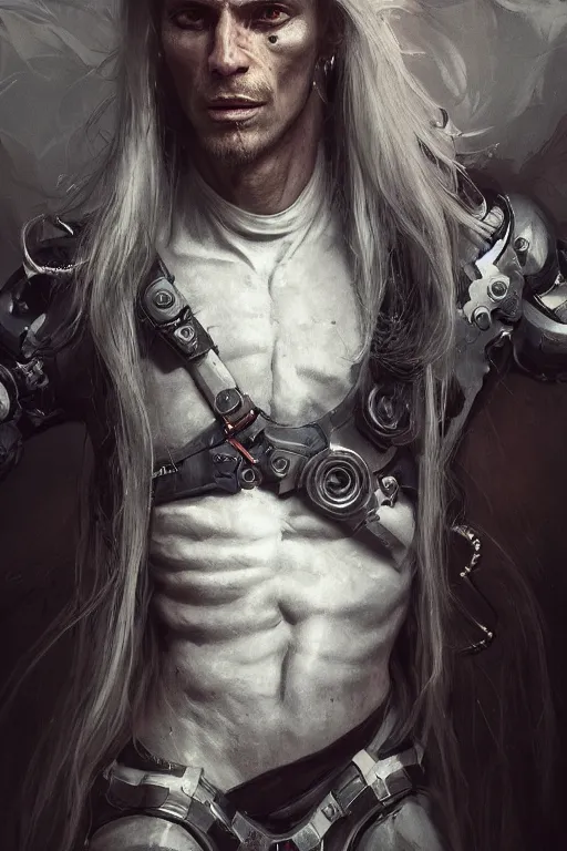 Image similar to a portrait of a toned male half human half mechanical with long white hair and with joints with visible joints by greg rutkowski, sung choi, mitchell mohrhauser, maciej kuciara, johnson ting, maxim verehin, peter konig, bloodborne, 8 k photorealistic, cinematic lighting, hd, high details, dramatic, dark atmosphere, trending on artstation