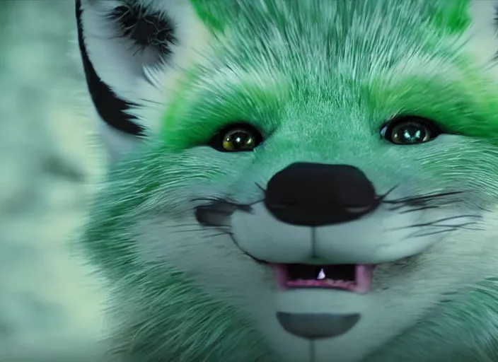 Image similar to muxy logo, nine tail bluish green fox, movie still, 8 k, realistic
