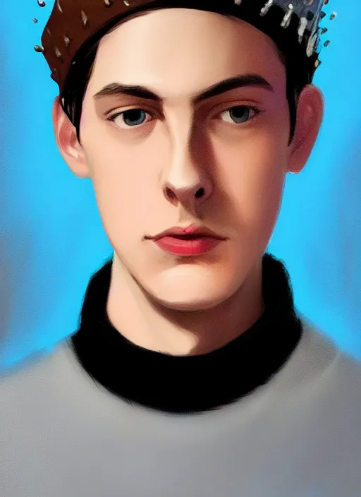 Image similar to portrait of teenage jughead jones wearing a light grey crown, crown, blue turtleneck, 1 9 5 0 s, closed eyes, photorealistic, black hair, glowing lighting, intricate, elegant, glowing lights, highly detailed, digital painting, artstation, concept art, smooth, sharp focus, illustration, art by wlop, mars ravelo and greg rutkowski