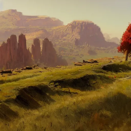 Image similar to concept art by craig mullins : an italian landscape in bright daylight. soft rolling hills in the foreground. in the distance a small mesa of white marble can be seen. a stone henge is standig atop of the cliff