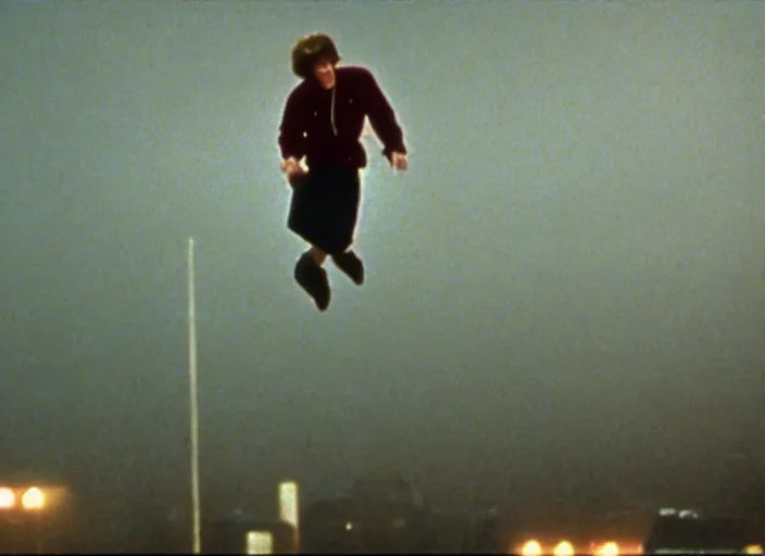 Image similar to a still from the breakfast club ( 1 9 8 5 ) of a man lifelessly floating 1 0 feet above a football oval at night, illuminated by a red light