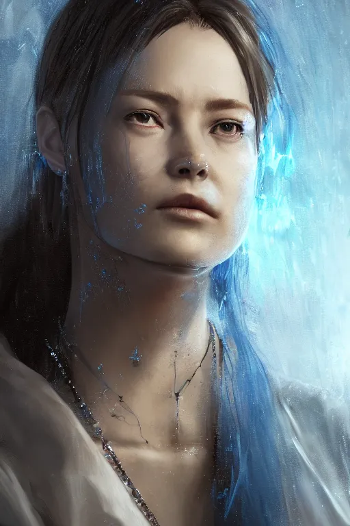 Image similar to A portrait of a women wearing a blue crystal pendant by Greg Rutkowski, Sung Choi, Mitchell Mohrhauser, Maciej Kuciara, Johnson Ting, Maxim Verehin, Peter Konig, Resident evil , 8k photorealistic, cinematic lighting, HD, high details, dramatic, atmospheric , trending on artstation