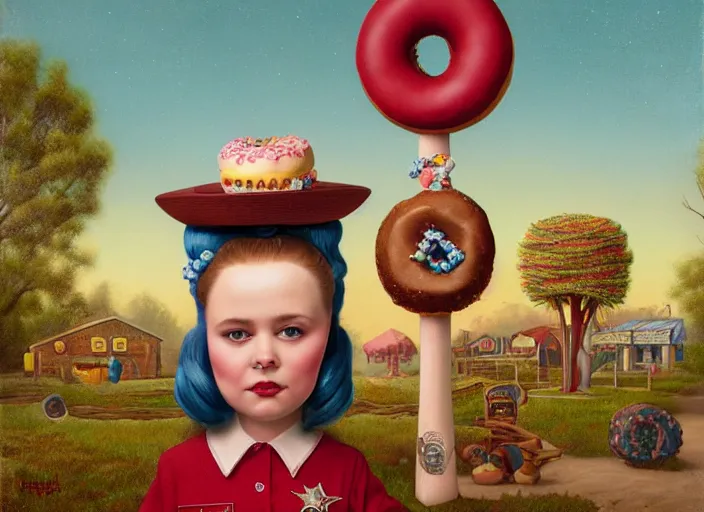 Image similar to the sheriff donut head, lowbrow, matte painting, 3 - d highly detailed, in the style of mark ryden,