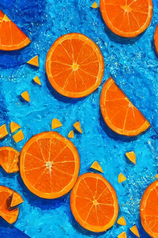 Image similar to a art work of summer ,water,wave , orange and orange slices,blue theme and Yellow accents,Colour composition by Kenya Hara