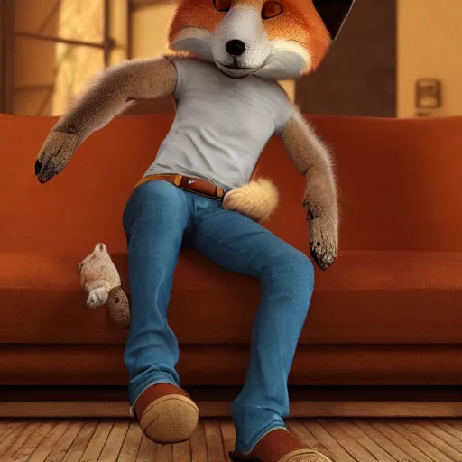 Image similar to an anthropomorphic fox wearing a t-shirt and jeans sitting on a couch, 8k resolution matte fantasy painting, cinematic lighting, DeviantArt, Artstation, furry, anthro, anthropomorphic, furaffinity