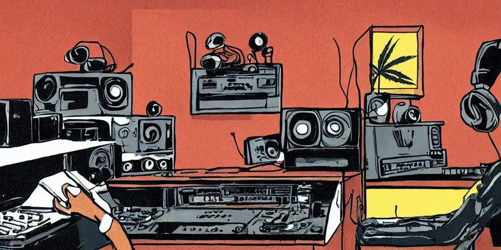 Prompt: ' black chicken '!!! smoking'cannabis!!!!!!'in front of'radio console '!!!! and'multi monitors!!!!!!'wearing'headphones!!!!'in a dj radio broadcasting studio, artwork by james gilleard