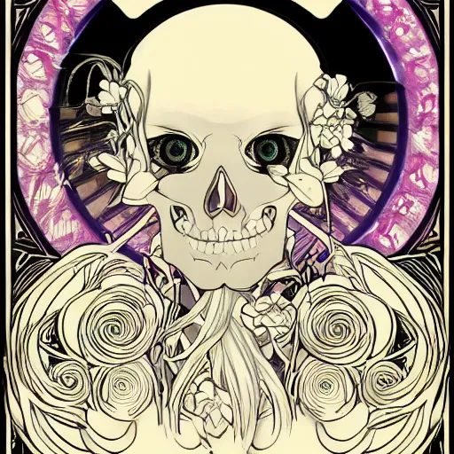 Image similar to anime manga skull portrait woman skeleton illustration style by Alphonse Mucha pop art nouveau