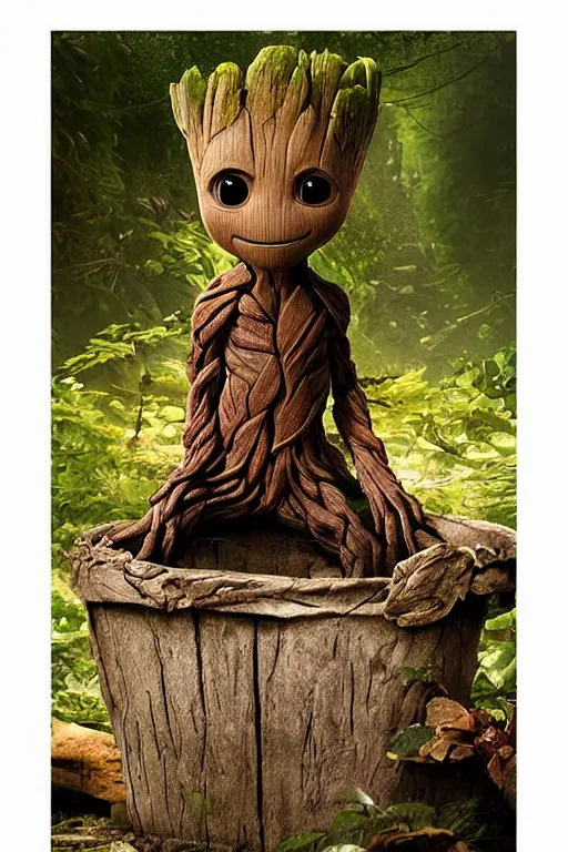 Prompt: poster of the little cute Groot takes a bath in the forest by disney plus