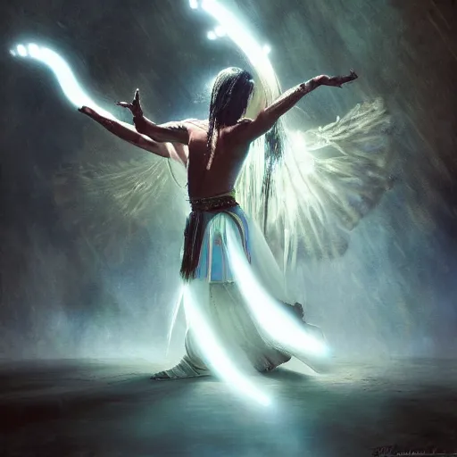 Prompt: a shaman dancing with light by Raymond Swanland