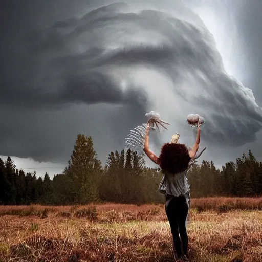 Prompt: time traveller shamans embracing biomechanoid cumulonimbus witchcraft brujo geysers storm, hyphae gigantic goddess dancing butoh, embracing clouds and nature with her skin, lucasfilm, gregory crewdson