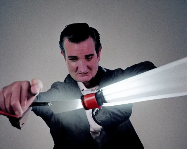 Image similar to bloody ted cruz holding knife with searchlight overhead, shot on technicolour film, action shot