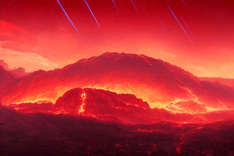 Prompt: red themed lava landscape, meteor shower, epic, miyazaki style, cinematic, indie, highly detailed, featured on artstation, highly detailed, abstract