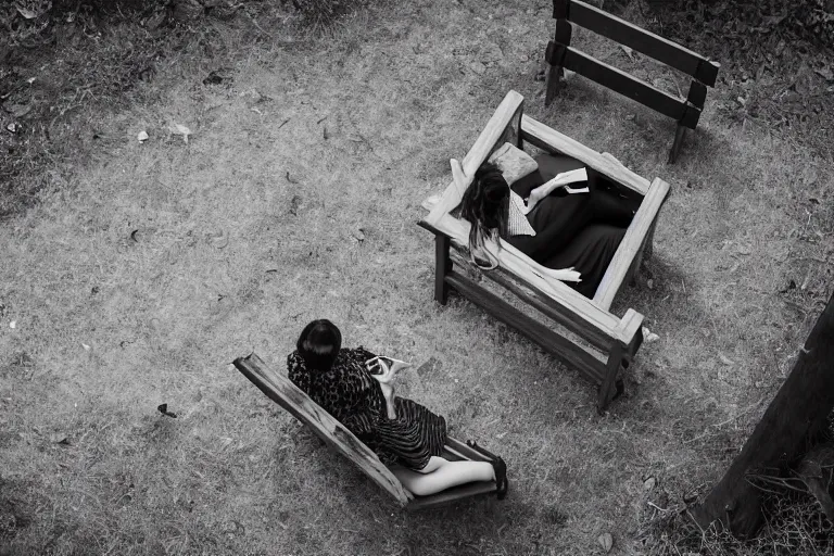 Prompt: A photograph of a woman reading a book while sitting on a bench in a clearing, next to another bench, looking down from above, black and white photo.ISO200,F4.5,80mm,1/30,Nikon D3.