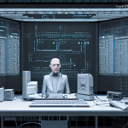 Image similar to hyperrealism detailed photography scene from stanley kubrick movie of highly detailed stylish system administrator from 2 0 7 7's as droid in josan gonzalez, gragory crewdson and katsuhiro otomo, mike winkelmann style with many details working at the detailed data center by laurie greasley hyperrealism photo on dsmc 3 system volumetric epic light rendered in blender
