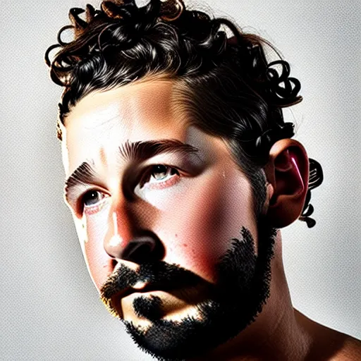 Image similar to uhd photorealistic shia labeouf made out of pieces of beef. photo by annie leibowitz