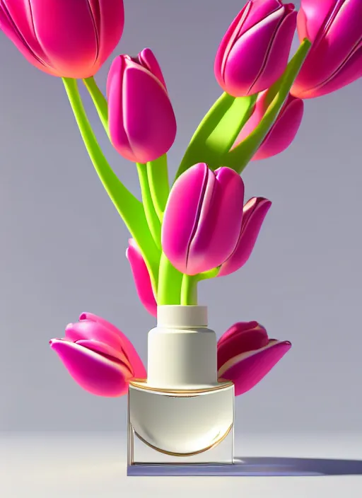 Image similar to perfume bottle standing in the center of a biomechanical light - pink enchanted coral reef made of tulips in an ivory room well contoured smooth fair walls, up close shot, sharp focus, global illumination, radiant light, alexandre ferra white mecha, irakli nadar, octane highly render, 4 k, ultra hd,